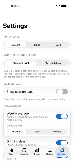 Settings: appearance, what the counter logs, session pace, and comparisons.