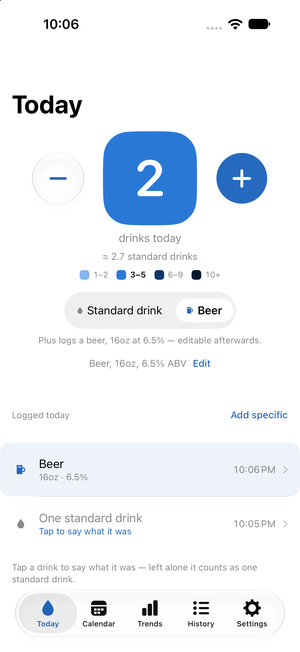 The Today screen with a count of 2.