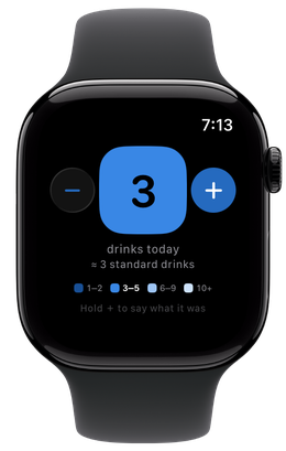The watch counter: 3 drinks today, about 3 standard drinks, between a minus and a plus button, with the 1–2, 3–5, 6–9 and 10+ legend below.