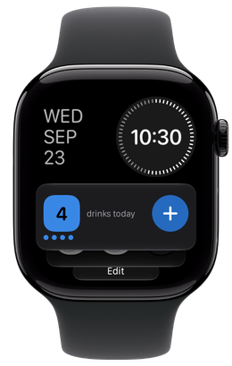 The Smart Stack on Apple Watch at 10:30. The Tallyist card shows 4 drinks today, a plus button, and four dots for the current session.
