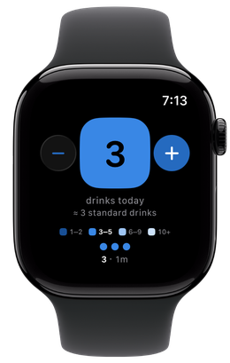 The watch counter at 3 drinks today, with three dots below it for the current sitting and the line 3 · 1m.